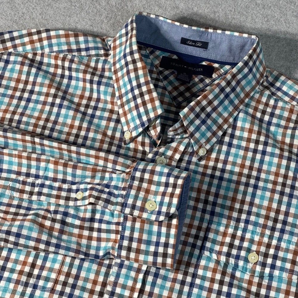 Tommy Hilfiger Mens XL Slim Fit Long Sleeve Gingham Check Button Down Shirt Blue